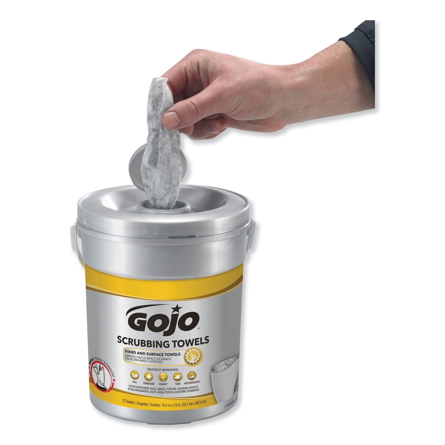 GOJO Scrubbing Towels, Hand Cleaning, 2-Ply, 10.5 x 12, Fresh Citrus, Silver/Yellow, 72/Bucket (639606EA)