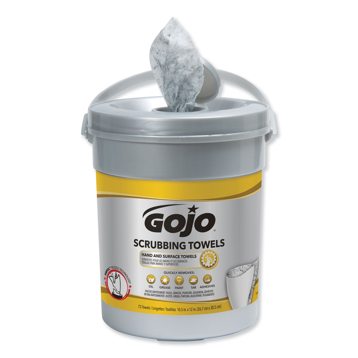 GOJO Scrubbing Towels, Hand Cleaning, 2-Ply, 10.5 x 12, Fresh Citrus, Silver/Yellow, 72/Bucket (639606EA)