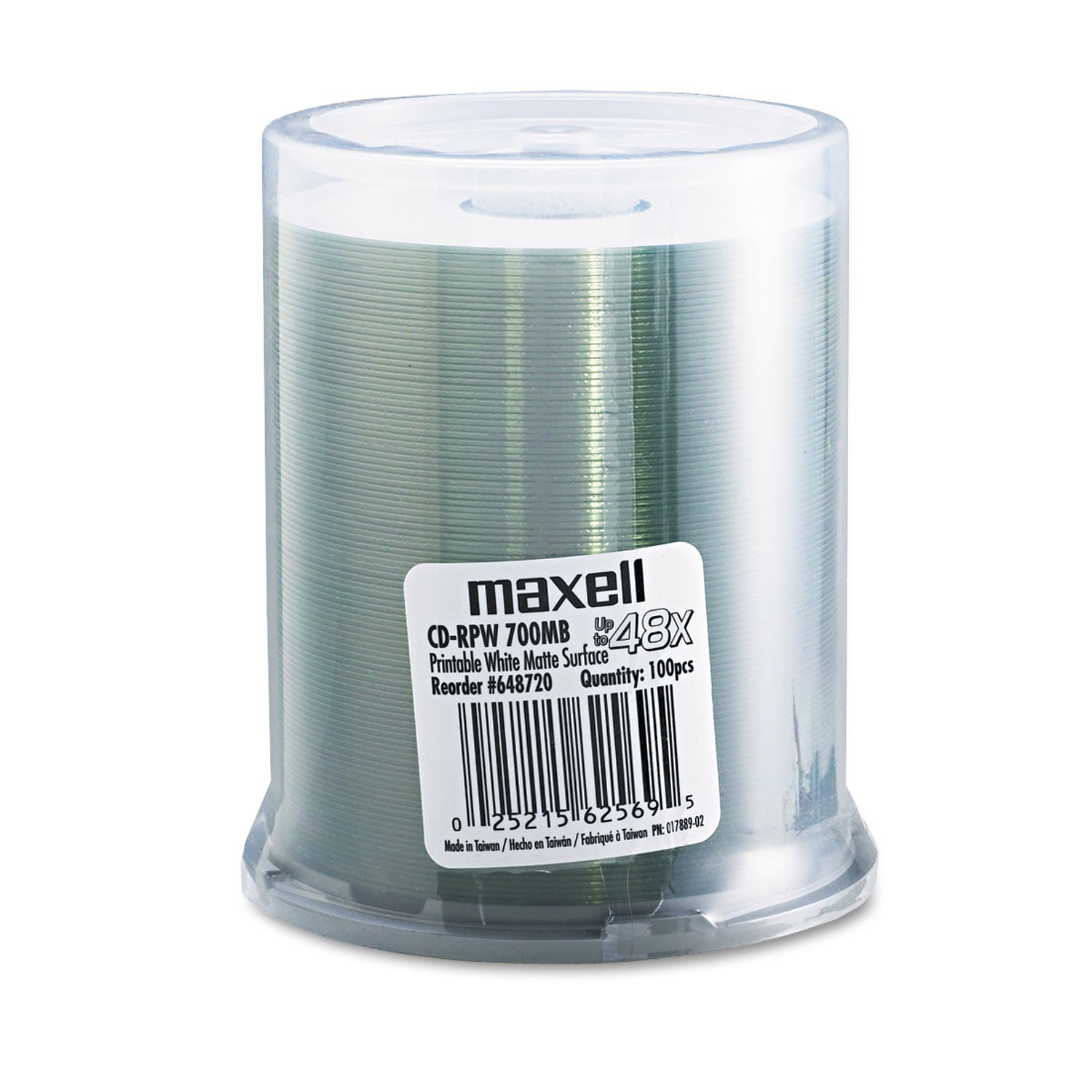 Maxell CD-R Printable Recordable Disc, 700 MB/80 min, 48x, Spindle, Matte White, 100/Pack (648720)