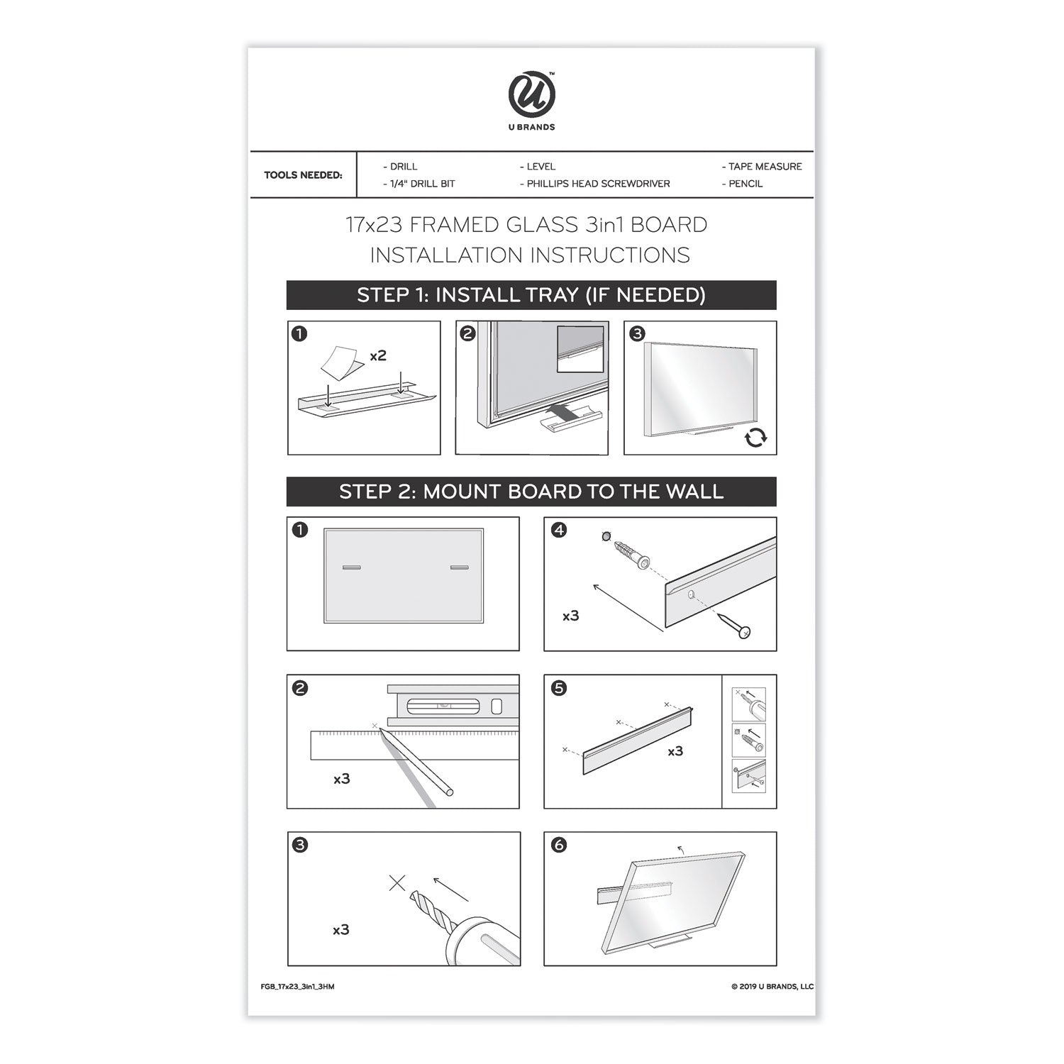 U Brands 3N1 Magnetic Glass Dry Erase Combo Board, 23 x 17, Month View, Gray/White Surface, White Aluminum Frame (3196U0001)