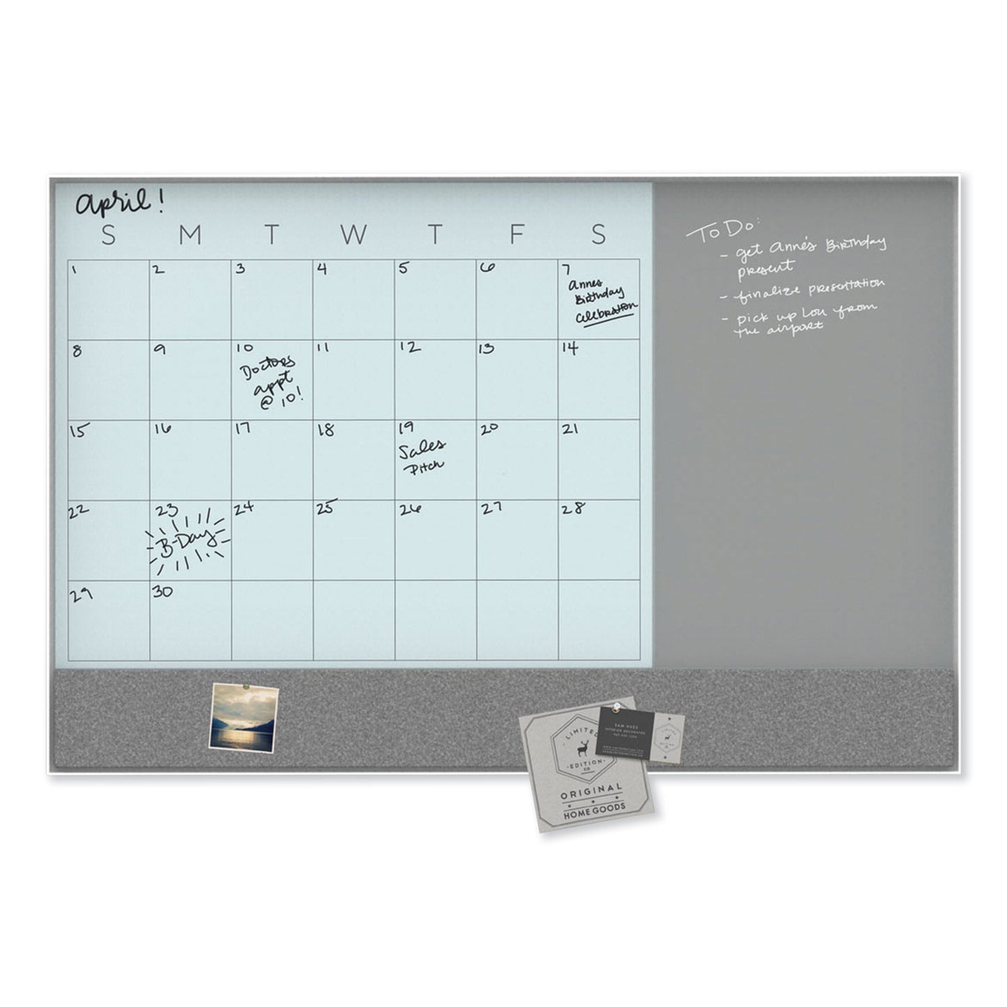 U Brands 3N1 Magnetic Glass Dry Erase Combo Board, 23 x 17, Month View, Gray/White Surface, White Aluminum Frame (3196U0001)