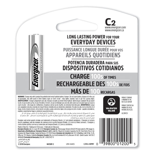 Energizer NiMH Rechargeable C Batteries, 1.2 V, 2/Pack (NH35BP2)