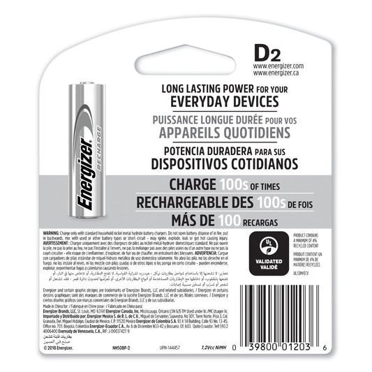 Energizer NiMH Rechargeable D Batteries, 1.2 V, 2/Pack (NH50BP2)