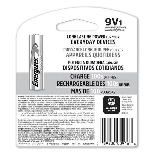 Energizer NiMH Rechargeable 9V Batteries (NH22NBP)