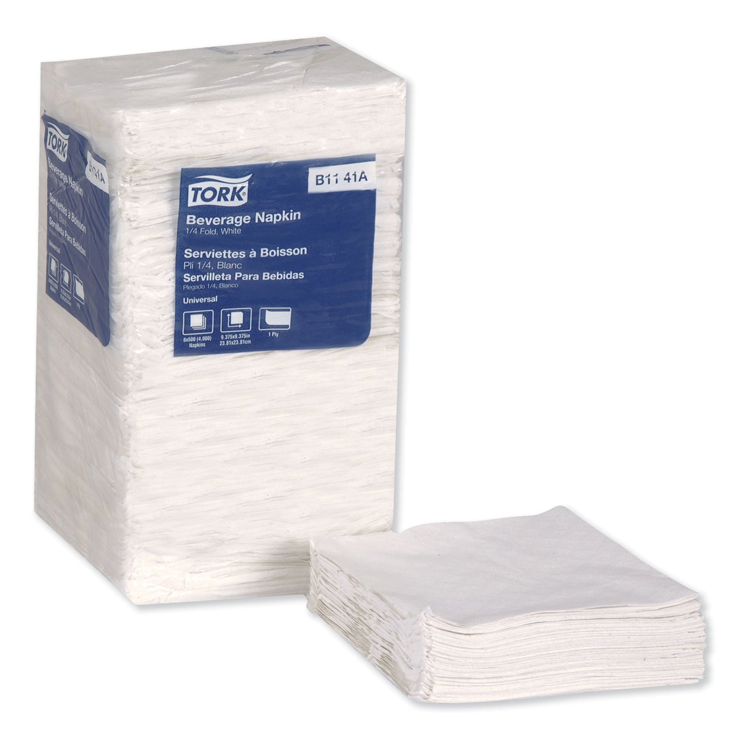 Tork Universal Beverage Napkin, 1-Ply,9.13 x 9.13, 1/4 Fold, Poly-Pack, White, 4000/Carton (B1141A)
