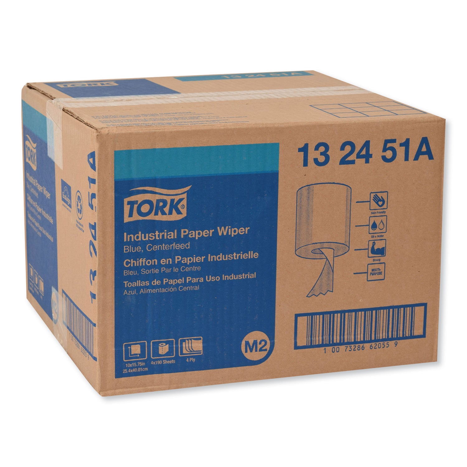 Tork Industrial Paper Wiper, 4-Ply, 10 x 15.75, Blue, 190 Wipes/Roll, 4 Roll/Carton (132451A)