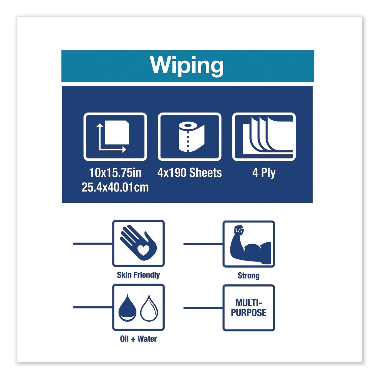 Tork Industrial Paper Wiper, 4-Ply, 10 x 15.75, Blue, 190 Wipes/Roll, 4 Roll/Carton (132451A)