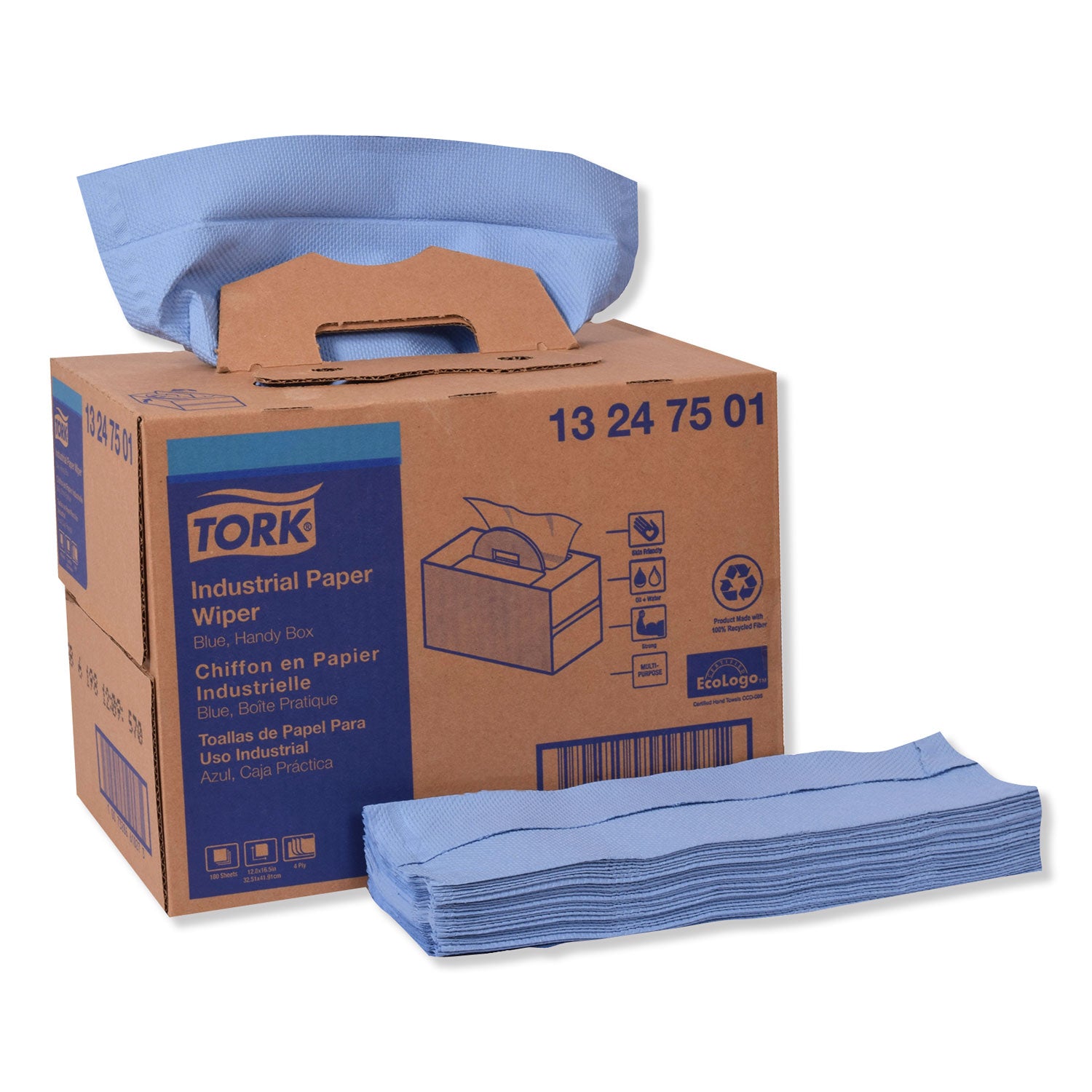 Tork Industrial Paper Wiper, 4-Ply, 12.8 x 16.5, Unscented, Blue, 180/Carton (13247501)