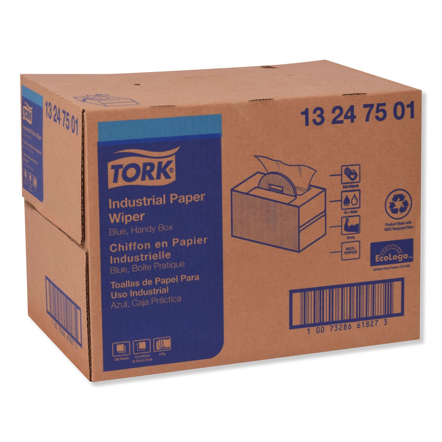 Tork Industrial Paper Wiper, 4-Ply, 12.8 x 16.5, Unscented, Blue, 180/Carton (13247501)