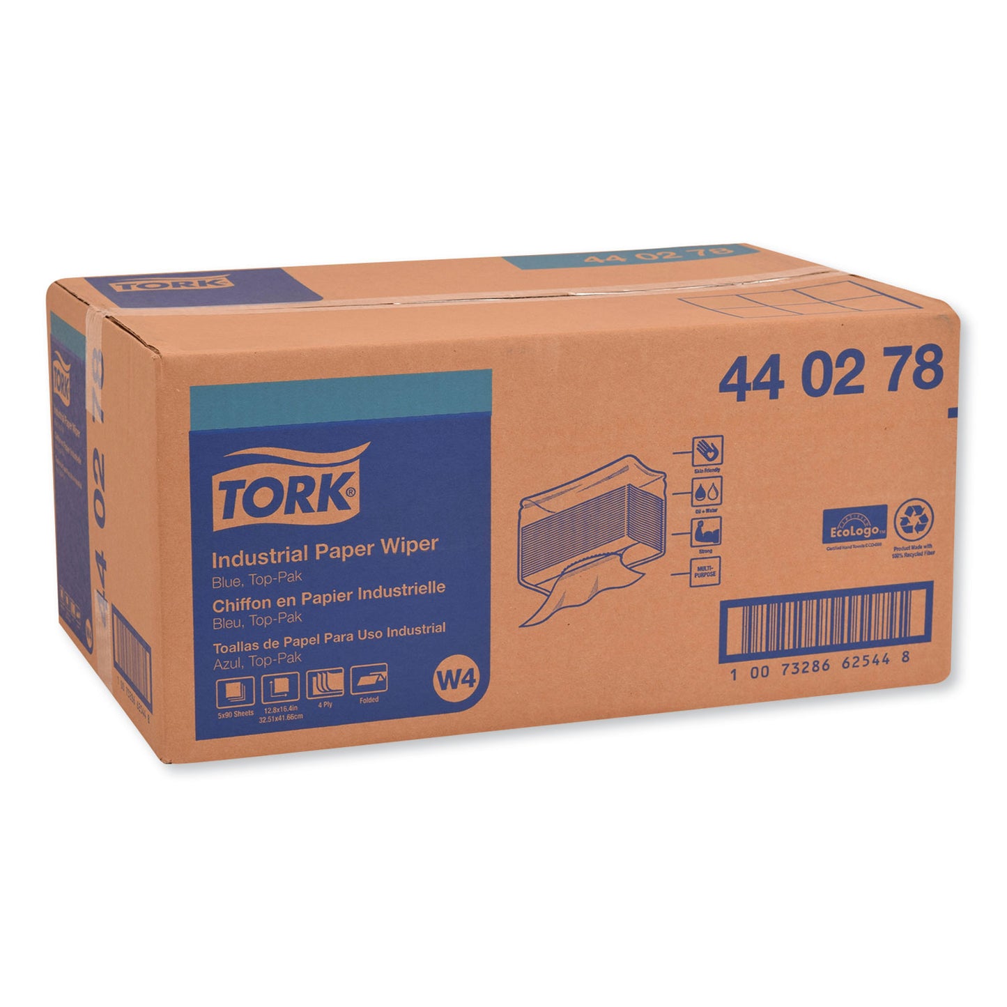 Tork Industrial Paper Wiper, 4-Ply, 12.8 x 16.4, Unscented, Blue, 90/Pack, 5 Packs/Carton (440278)