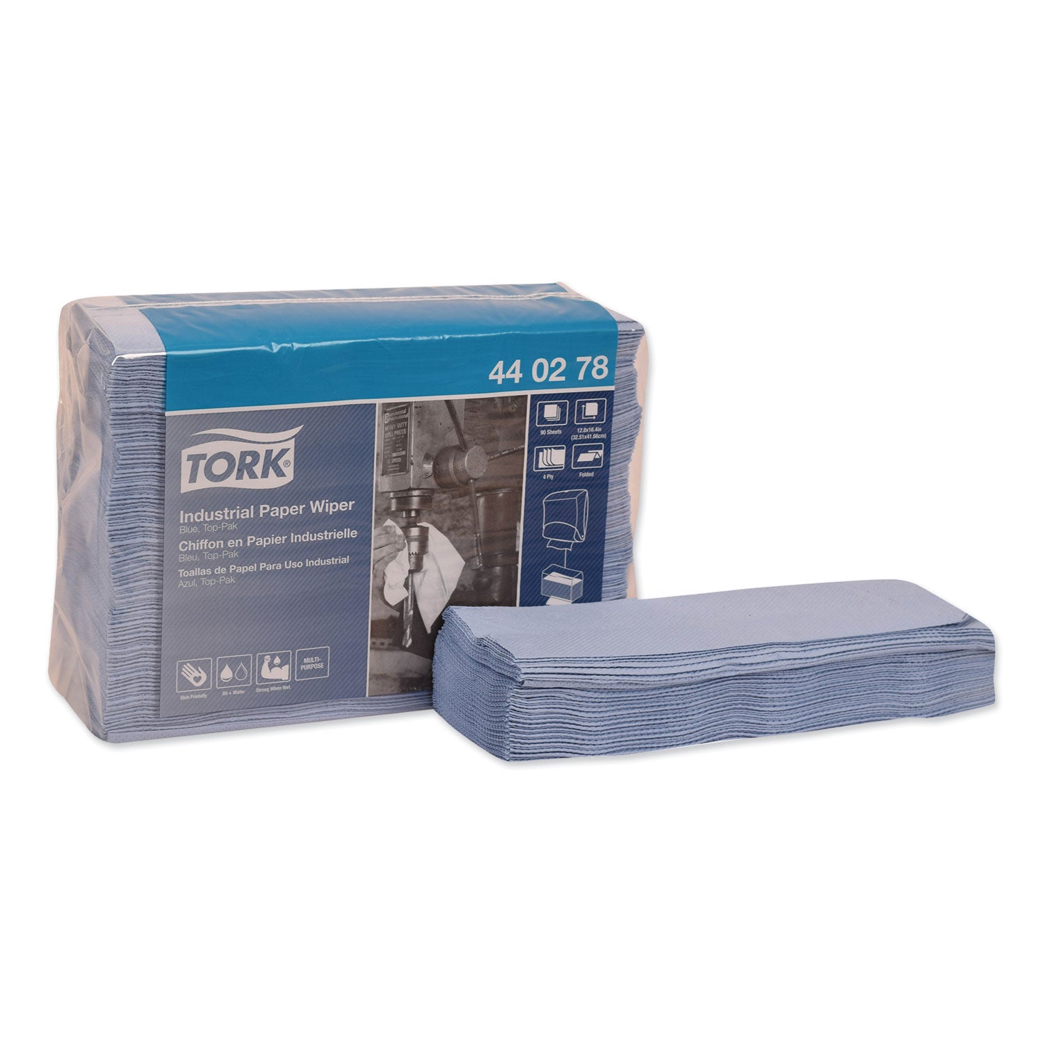 Tork Industrial Paper Wiper, 4-Ply, 12.8 x 16.4, Unscented, Blue, 90/Pack, 5 Packs/Carton (440278)