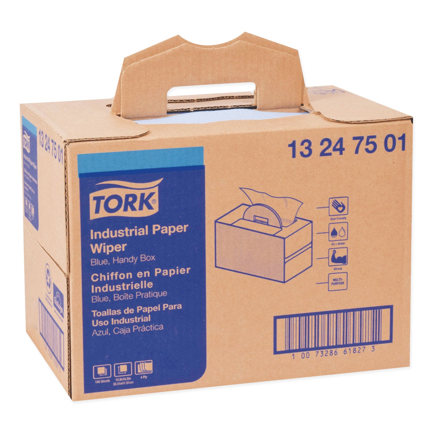 Tork Industrial Paper Wiper, 4-Ply, 12.8 x 16.5, Unscented, Blue, 180/Carton (13247501)