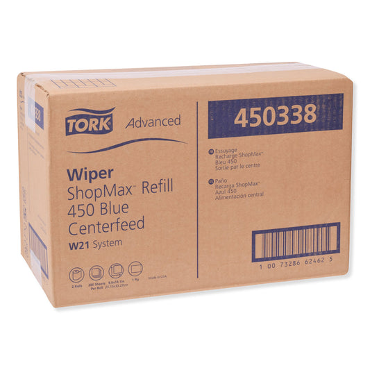 Tork Advanced ShopMax Wiper 450, Centerfeed Refill, 9.9 x 13.1, Blue, 200/Roll, 2 Rolls/Carton (450338)