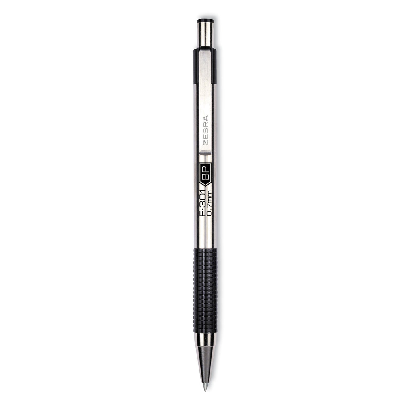 Zebra F-301 Ballpoint Pen, Retractable, Bold 1.6 mm, Black Ink, Stainless Steel/Black Barrel, 2/Pack (27312)