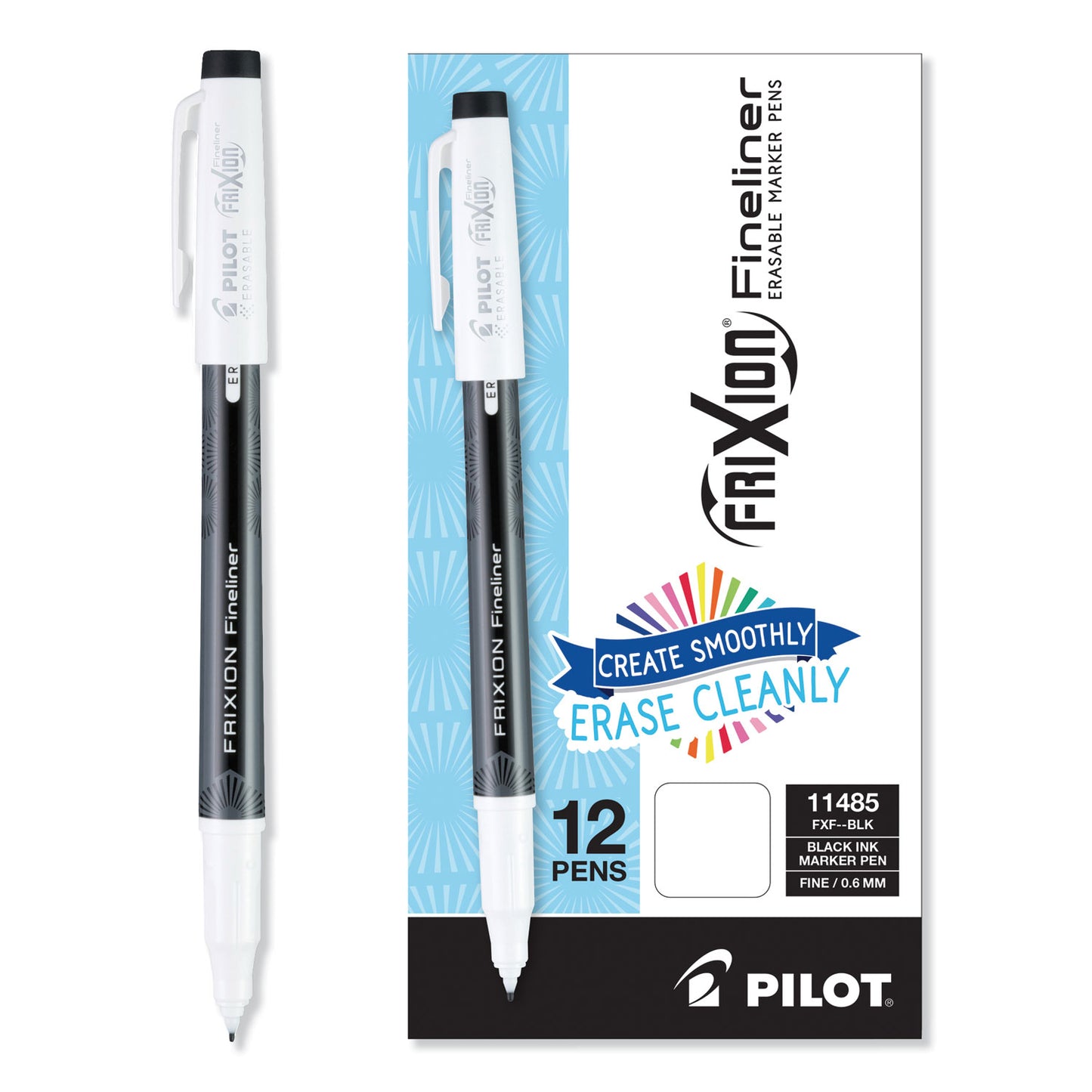 Pilot FriXion Fineliner Erasable Porous Point Pen, Stick, Fine 0.6 mm, Black Ink, Black/White Barrel, Dozen (11485)