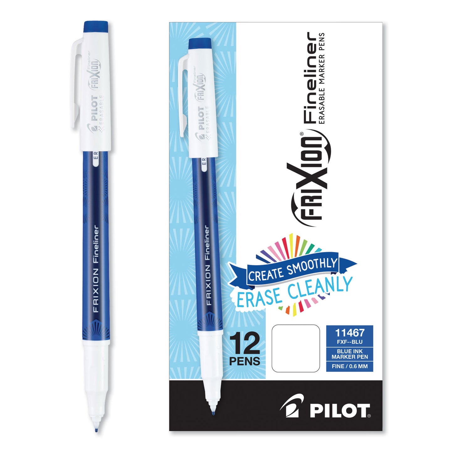 Pilot FriXion Fineliner Erasable Porous Point Pen, Stick, Fine 0.6 mm, Blue Ink, Blue/White Barrel, Dozen (11467)