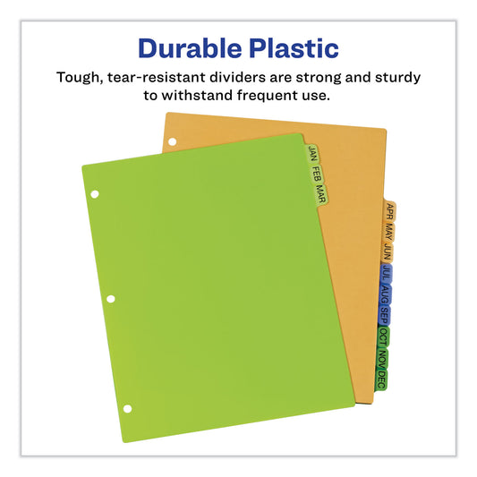 Avery Durable Preprinted Plastic Tab Dividers, 12-Tab, Jan. to Dec., 11 x 8.5, Assorted, 1 Set (11331)