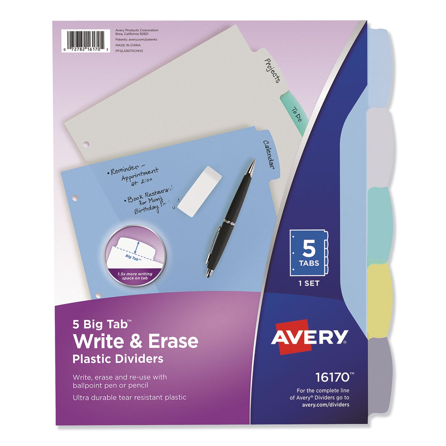 Avery Write and Erase Big Tab Durable Plastic Dividers, 3-Hole Punched, 5-Tab, 11 x 8.5, Assorted, 1 Set (16170)