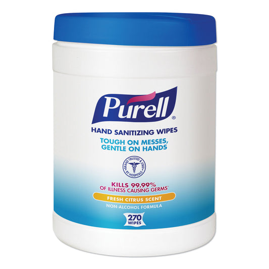 PURELL Sanitizing Hand Wipes, 6.75 x 6, Fresh Citrus, White, 270 Wipes/Canister (911306EA)