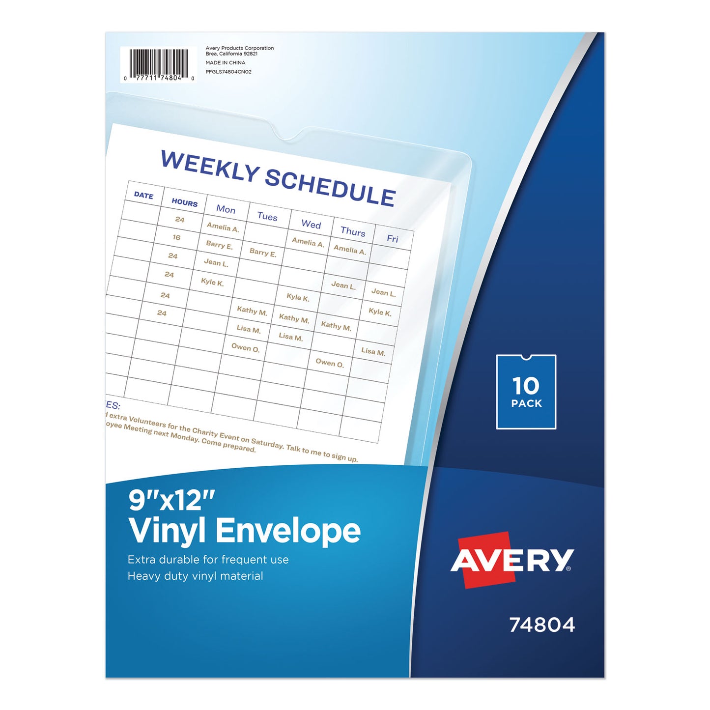 Avery Top-Load Clear Vinyl Envelopes w/Thumb Notch, 9 x 12, Clear, 10/Pack (74804)