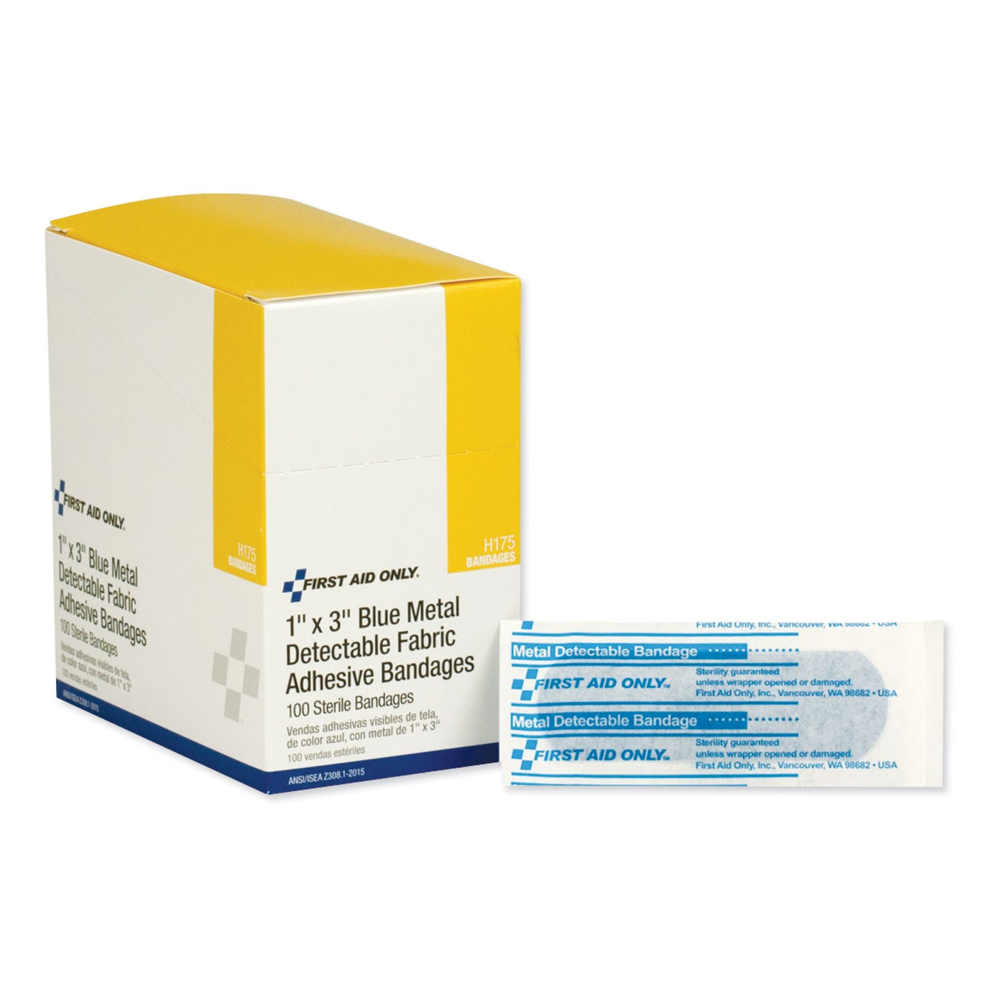 First Aid Only Adhesive Blue Metal Detectable Bandages, 1 x 3, Plastic with Foil, 100/Box, 12 Boxes/Carton (H175)