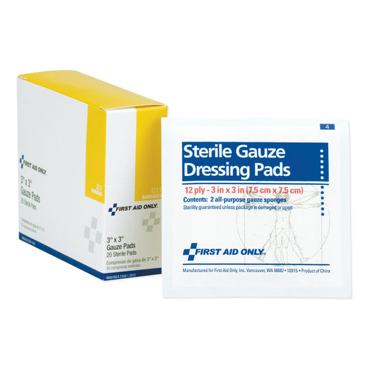 First Aid Only Gauze Dressing Pads, Sterile, 3 x 3, 10 Dual-Pads/Box (I211)