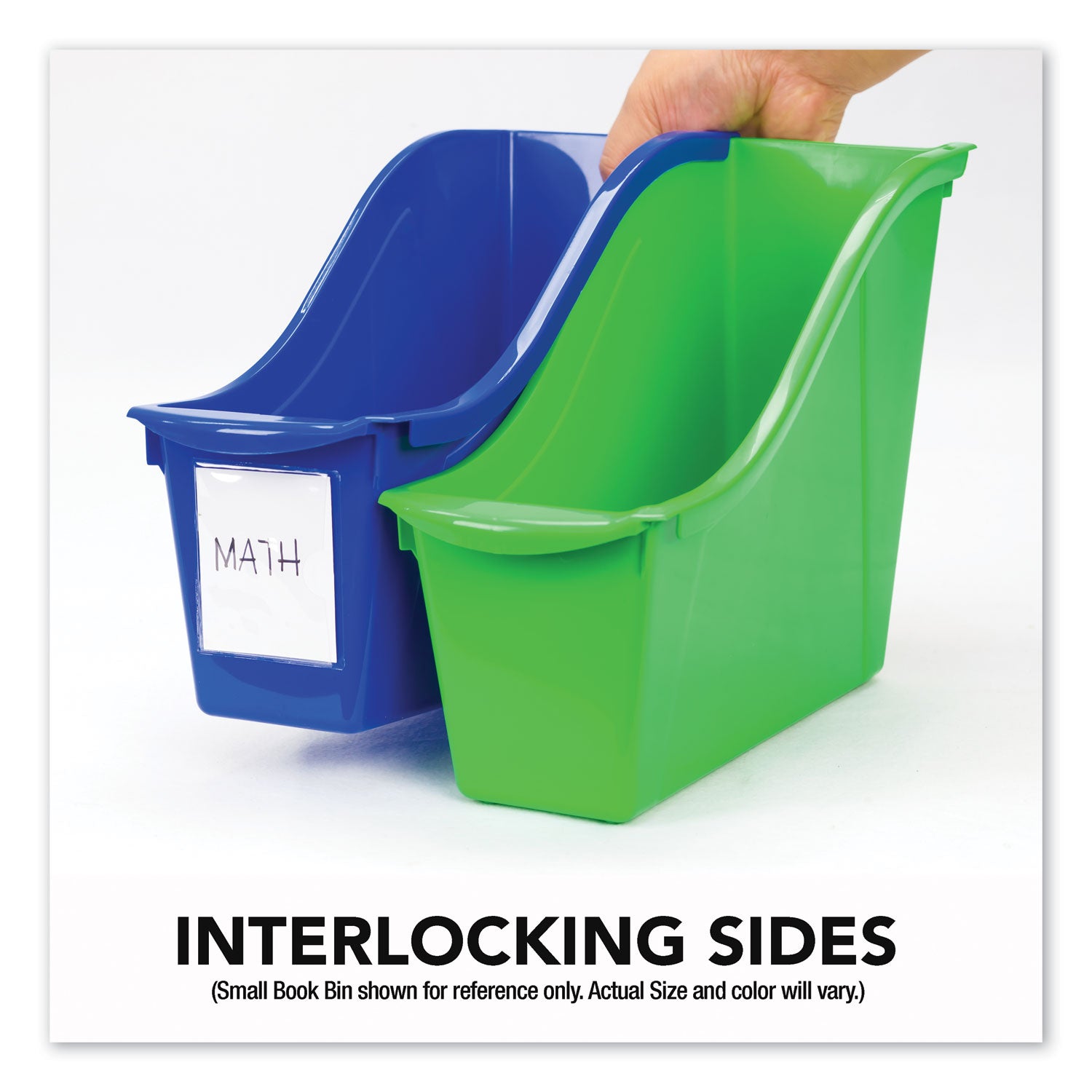 Storex Interlocking Book Bins with Clear Label Pouches, 4.75" x 12.63" x 7", Assorted Colors, 5/Pack (70105U06C)