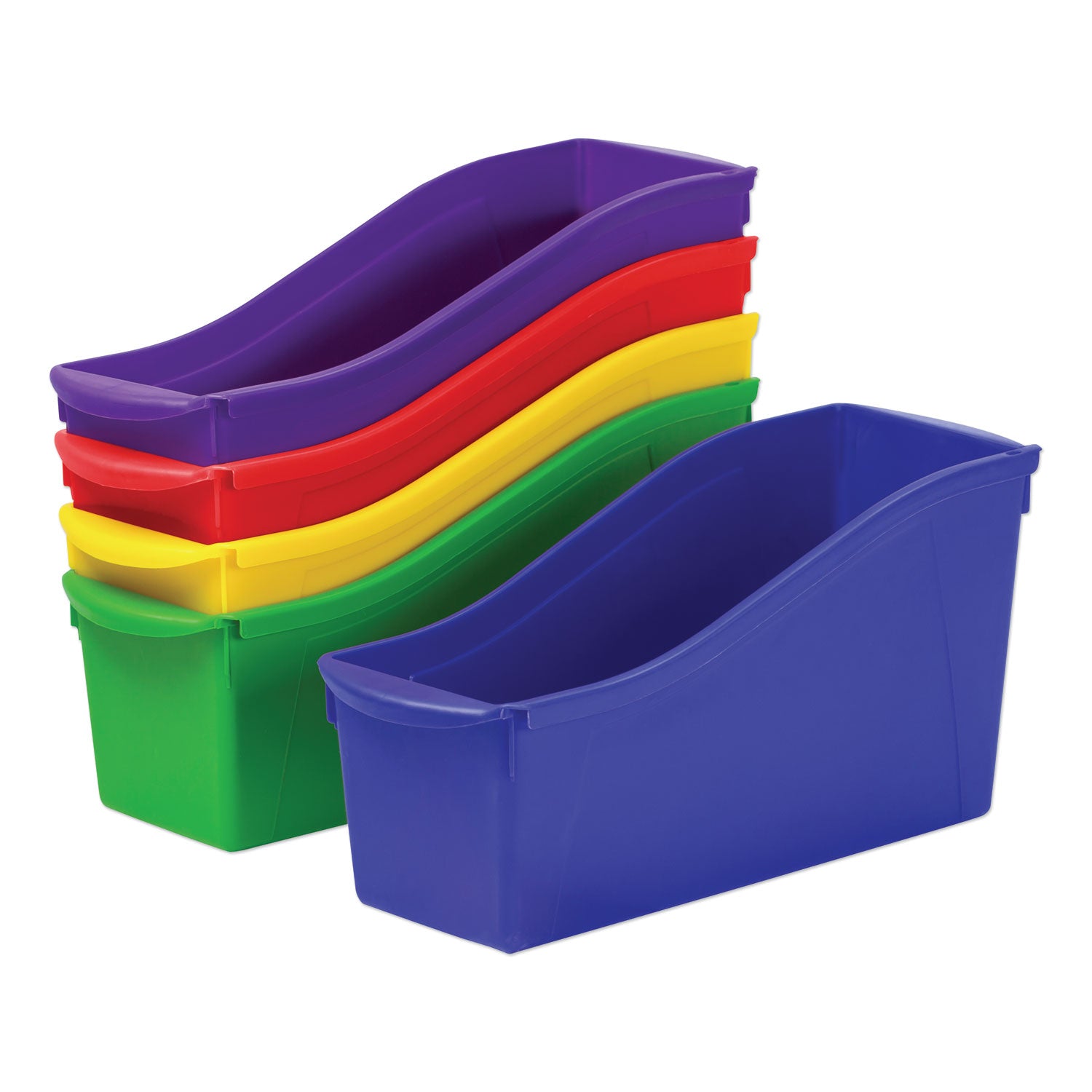 Storex Interlocking Book Bins with Clear Label Pouches, 4.75" x 12.63" x 7", Assorted Colors, 5/Pack (70105U06C)