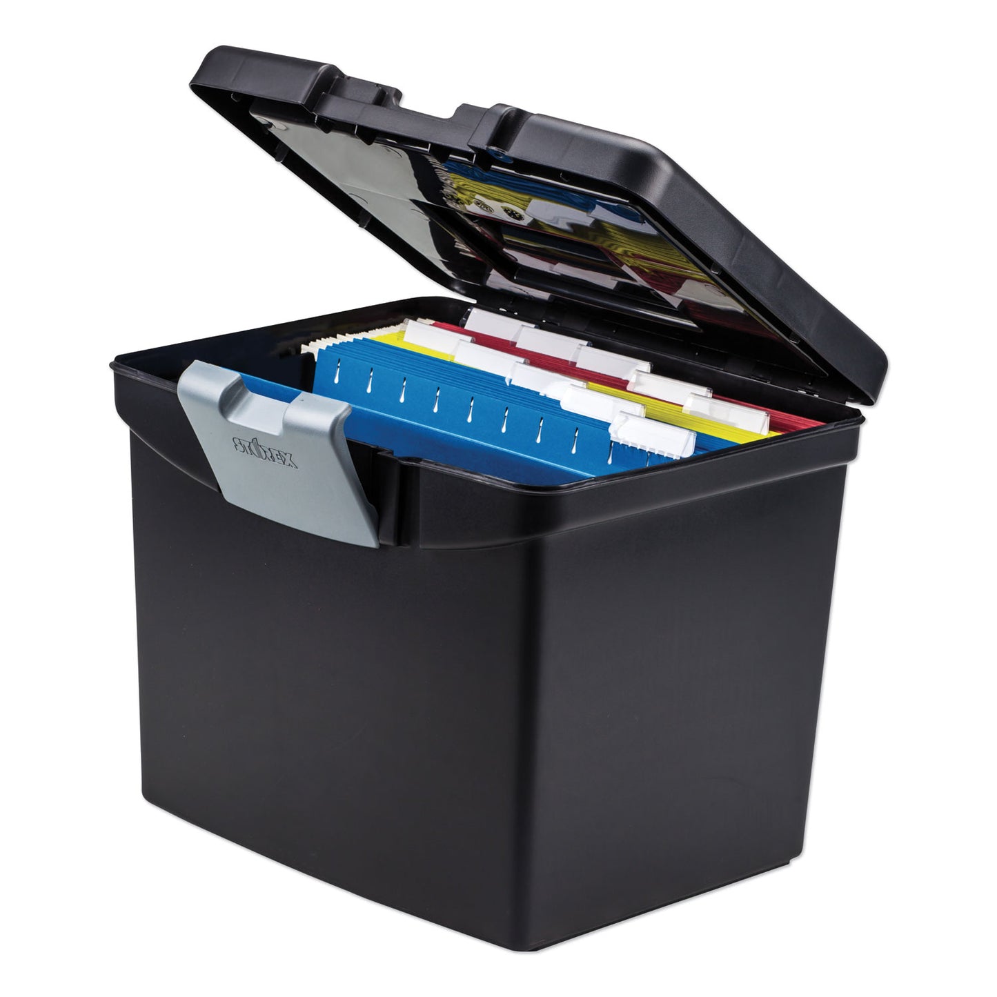 Storex Portable File Box with Large Organizer Lid, Letter Files, 13.25" x 10.88" x 11", Black (61504U01C)