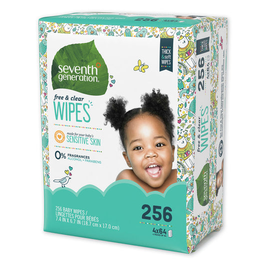 Seventh Generation Free and Clear Baby Wipes, Refill, 7 x 7, Unscented, White, 256/Pack (34219)