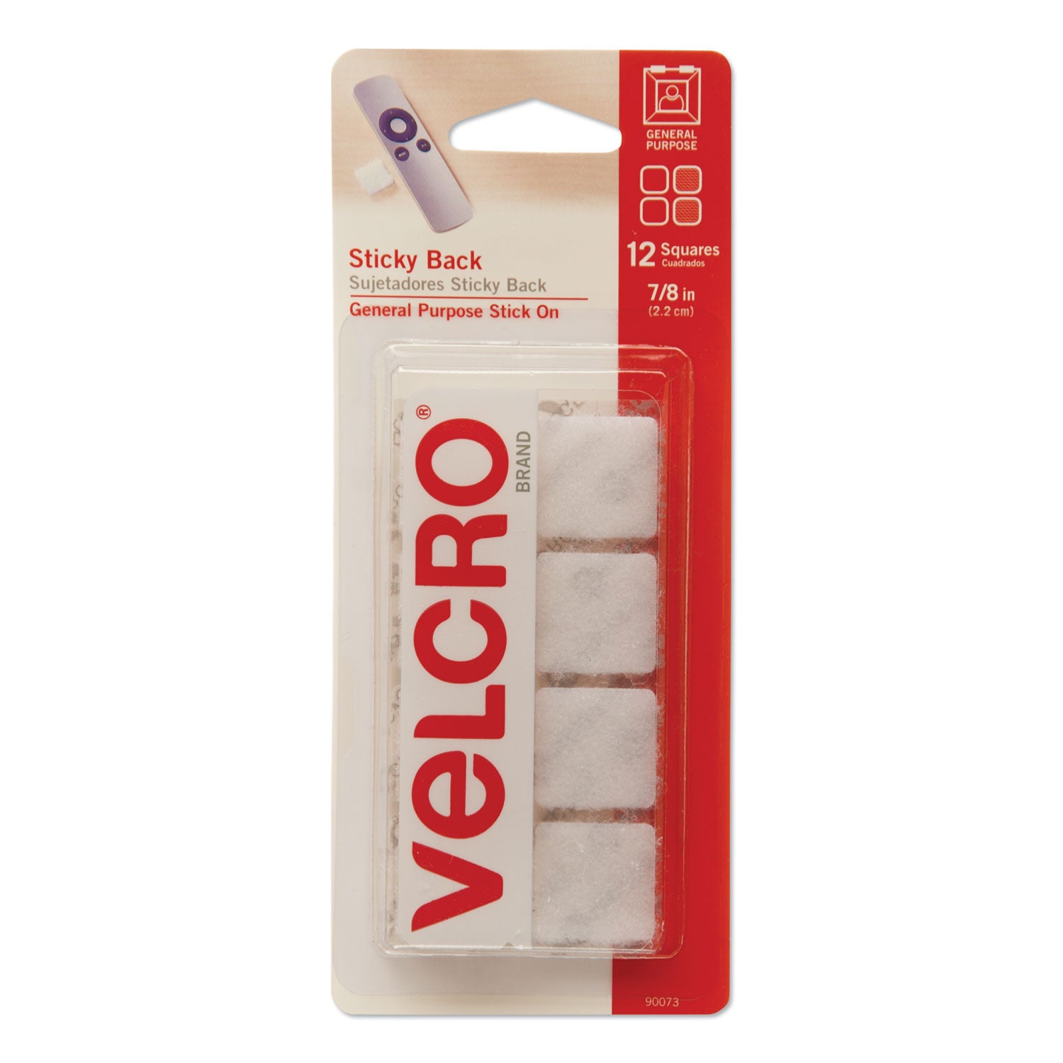 Velcro Sticky-Back Fasteners, Removable Adhesive, 0.88" x 0.88", White, 12/Pack (90073)