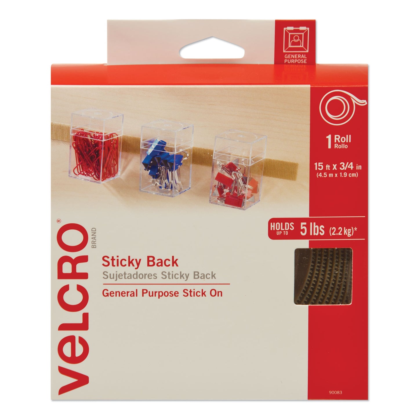 Velcro Sticky-Back Fasteners with Dispenser, Removable Adhesive, 0.75" x 15 ft, Beige (90083)