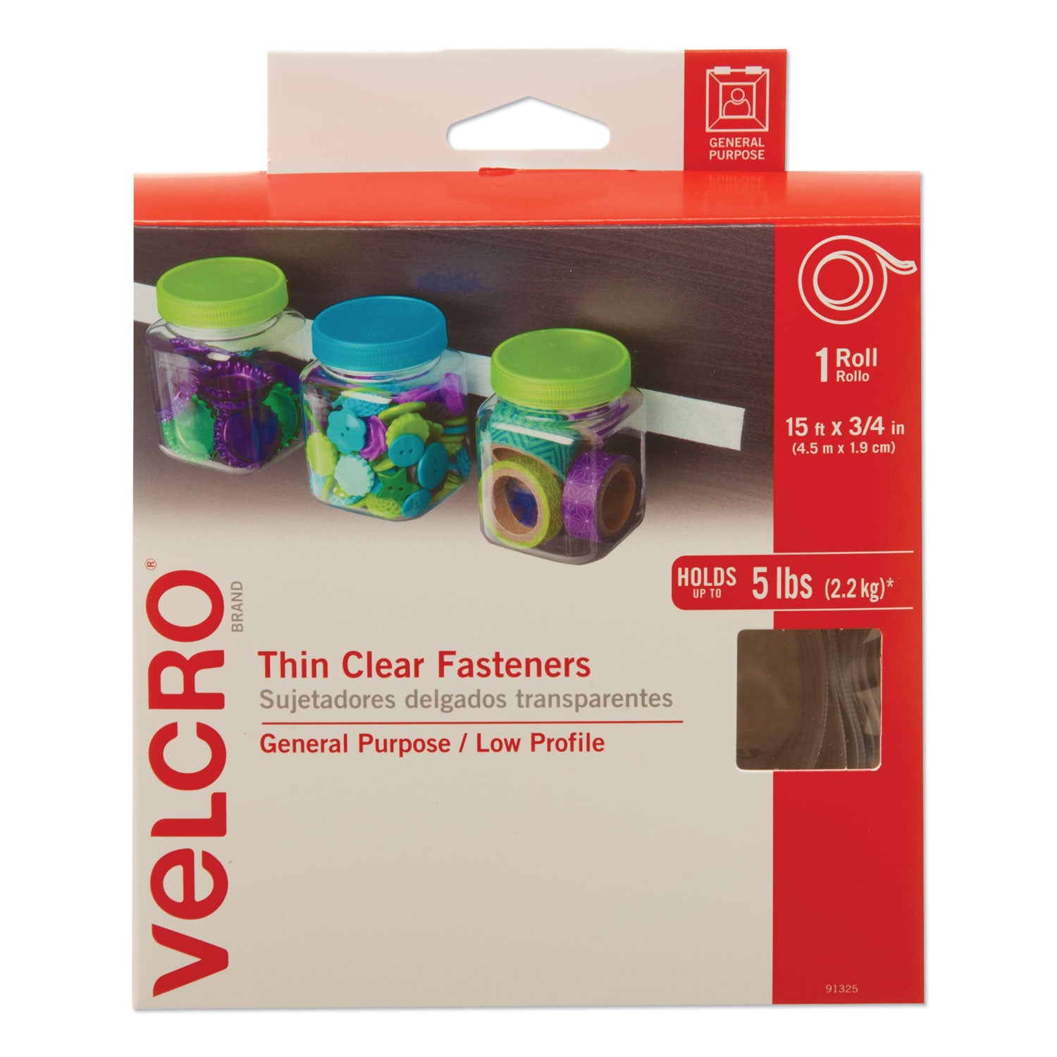 Velcro Sticky-Back Fasteners, Removable Adhesive, 0.75" x 15 ft, Clear (91325)