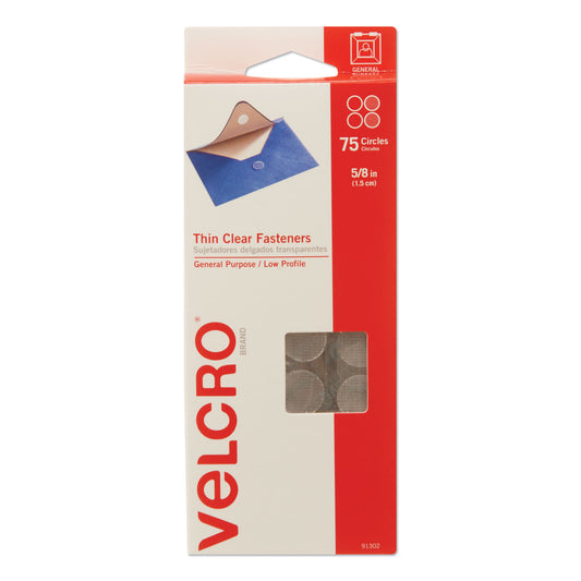 Velcro Sticky-Back Fasteners, Removable Adhesive, 0.63" dia, Clear, 75/Pack (91302)