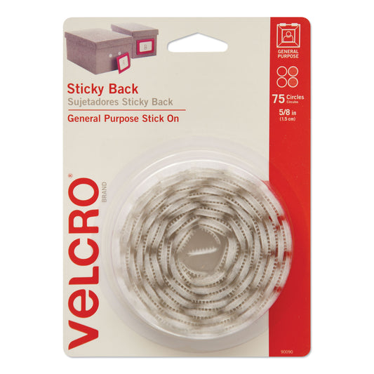 Velcro Sticky-Back Fasteners, Removable Adhesive, 0.63" dia, White, 75/Pack (90090)