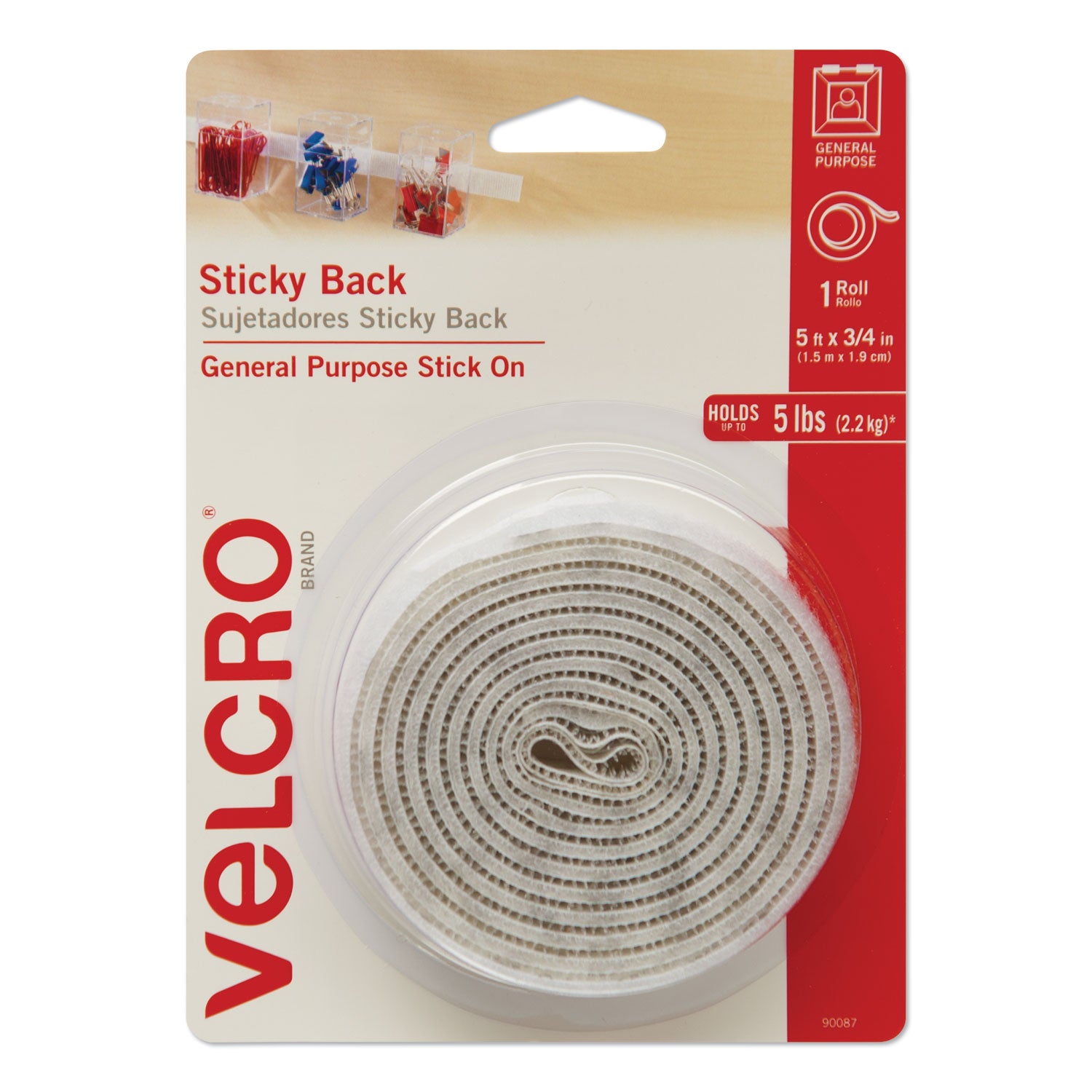 Velcro Sticky-Back Fasteners with Dispenser, Removable Adhesive, 0.75" x 5 ft, White (90087)