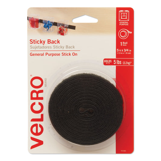 Velcro Sticky-Back Fasteners with Dispenser, Removable Adhesive, 0.75" x 5 ft, Black (90086)