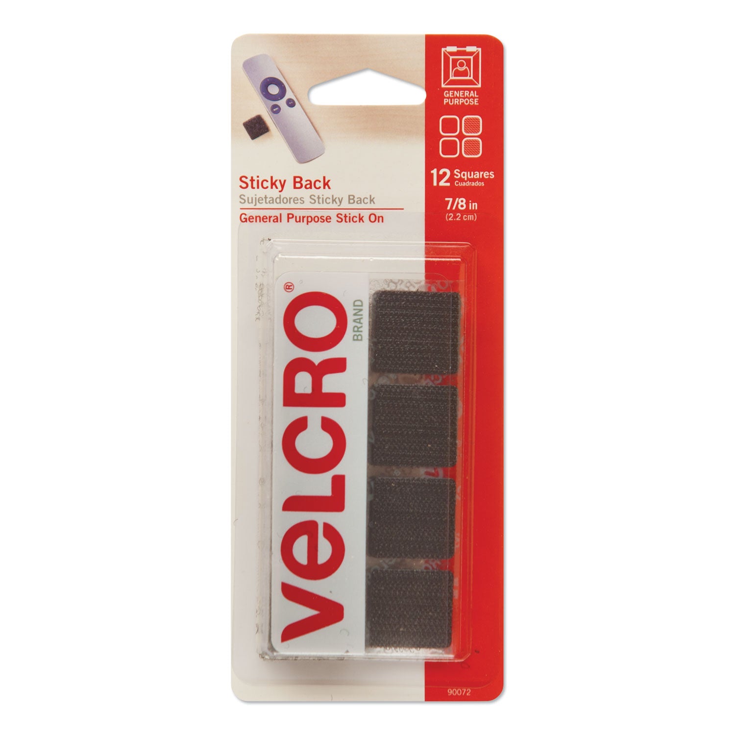 Velcro Sticky-Back Fasteners, Removable Adhesive, 0.88" x 0.88", Black, 12/Pack (90072)