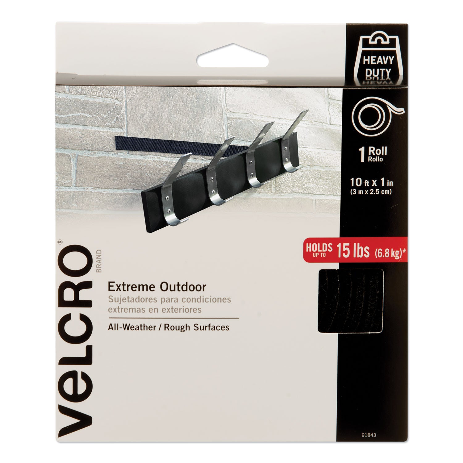 Velcro Heavy-Duty Fasteners, Extreme Outdoor Performance, 1" x 10 ft, Black (91843)