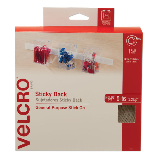 Velcro Sticky-Back Fasteners, Removable Adhesive, 0.75" x 30 ft, White (91138)