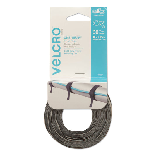 Velcro ONE-WRAP Pre-Cut Thin Ties, 0.5" x 15", Black/Gray, 30/Pack (94257)