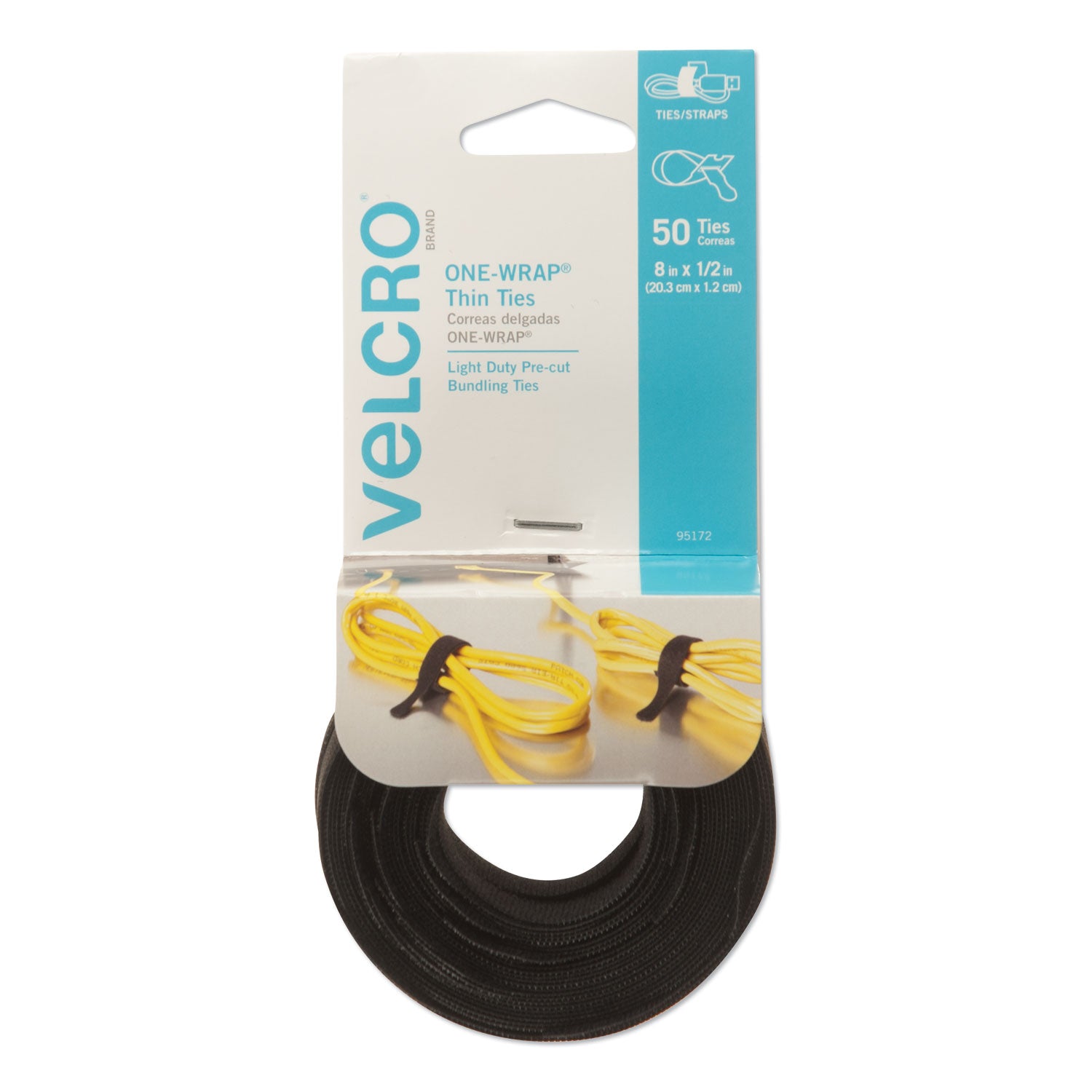 Velcro ONE-WRAP Pre-Cut Thin Ties, 0.5" x 8", Black, 50/Pack (95172)