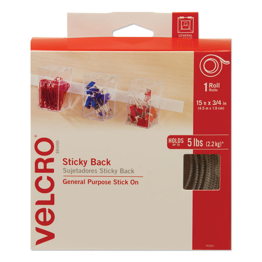 Velcro Sticky-Back Fasteners with Dispenser, Removable Adhesive, 0.75" x 15 ft, White (90082)