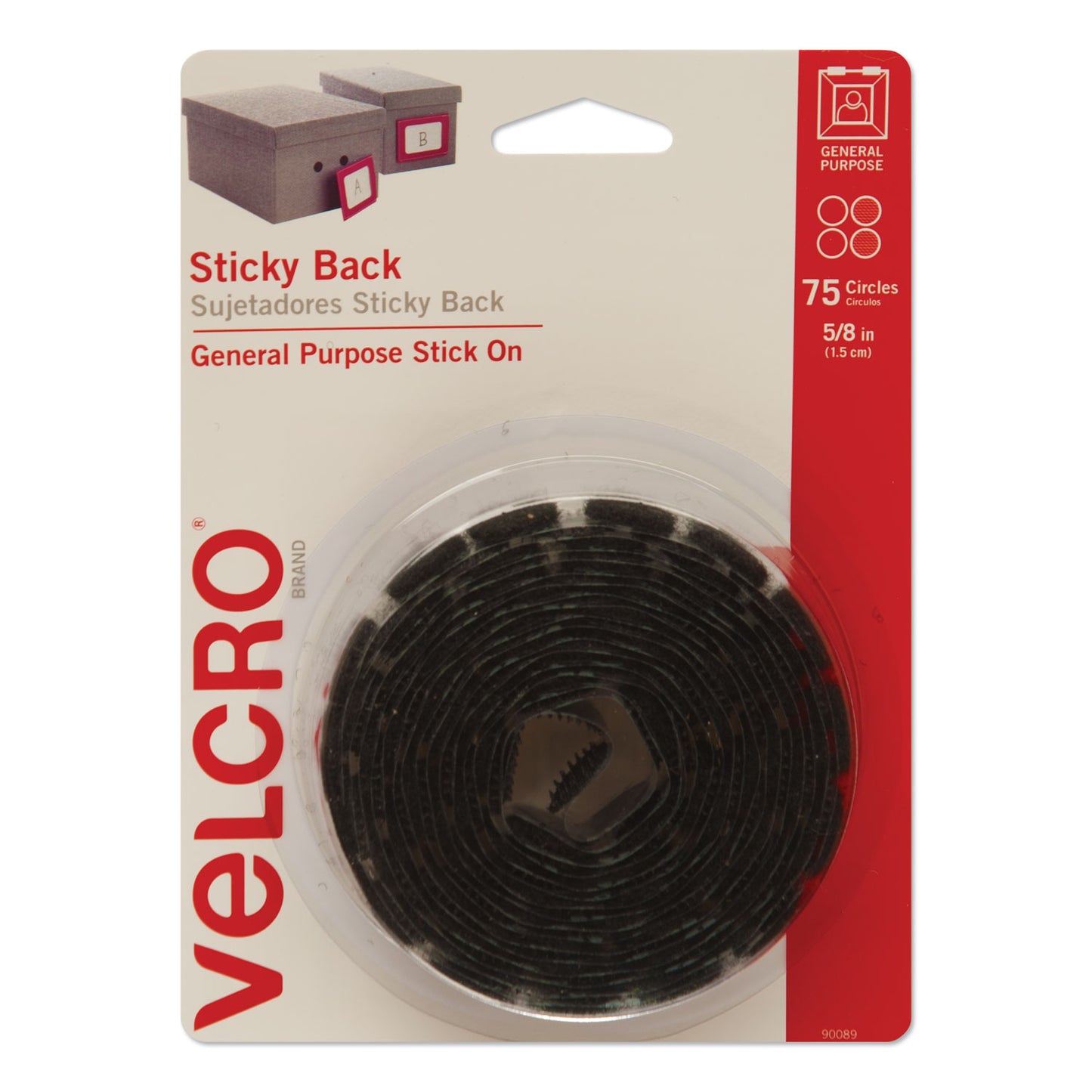 Velcro Sticky-Back Fasteners, Removable Adhesive, 0.63" dia, Black, 75/Pack (90089)