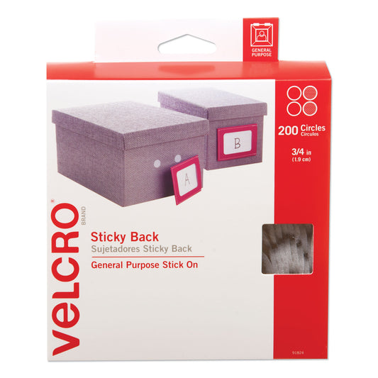 Velcro Sticky-Back Fasteners, Removable Adhesive, 0.75" dia, White, 200/Box (91824)