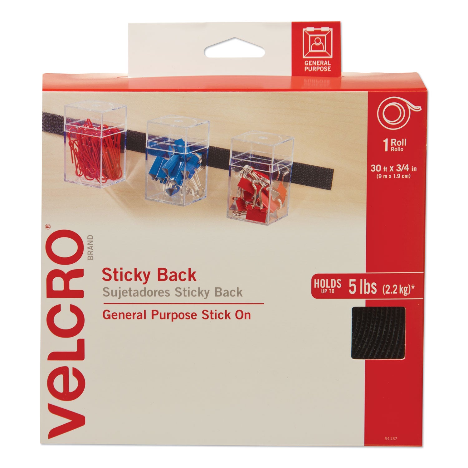 Velcro Sticky-Back Fasteners, Removable Adhesive, 0.75" x 30 ft, Black (91137)