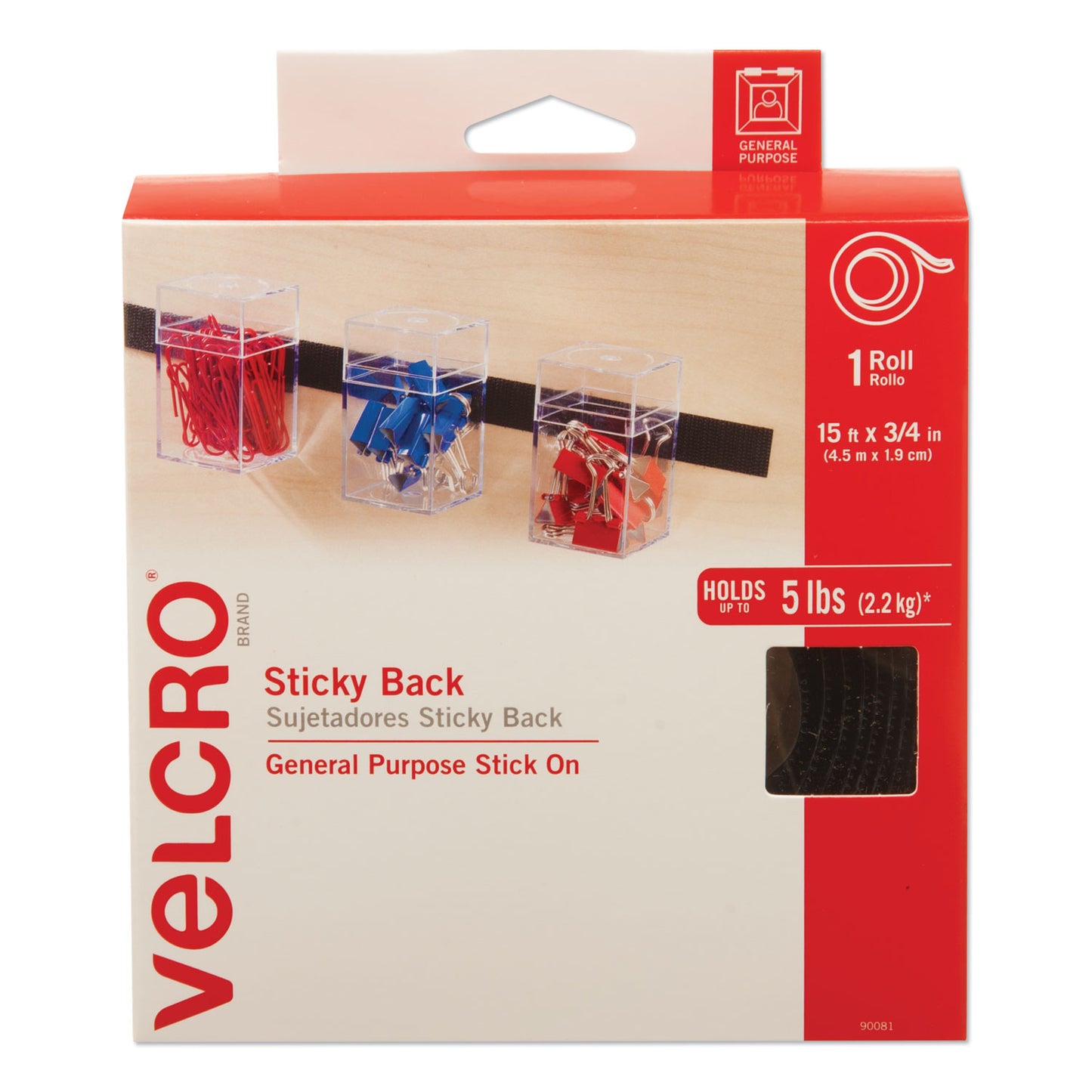 Velcro Sticky-Back Fasteners with Dispenser, Removable Adhesive, 0.75" x 15 ft, Black (90081)