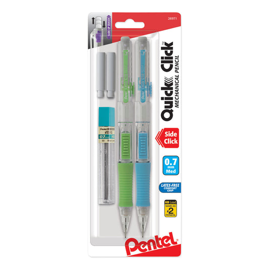 Pentel QUICK CLICK Mechanical Pencils with Tube of Lead/Erasers, 0.7 mm, HB (#2), Black Lead, Assorted Barrel Colors, 2/Pack (PD217LEBP2)