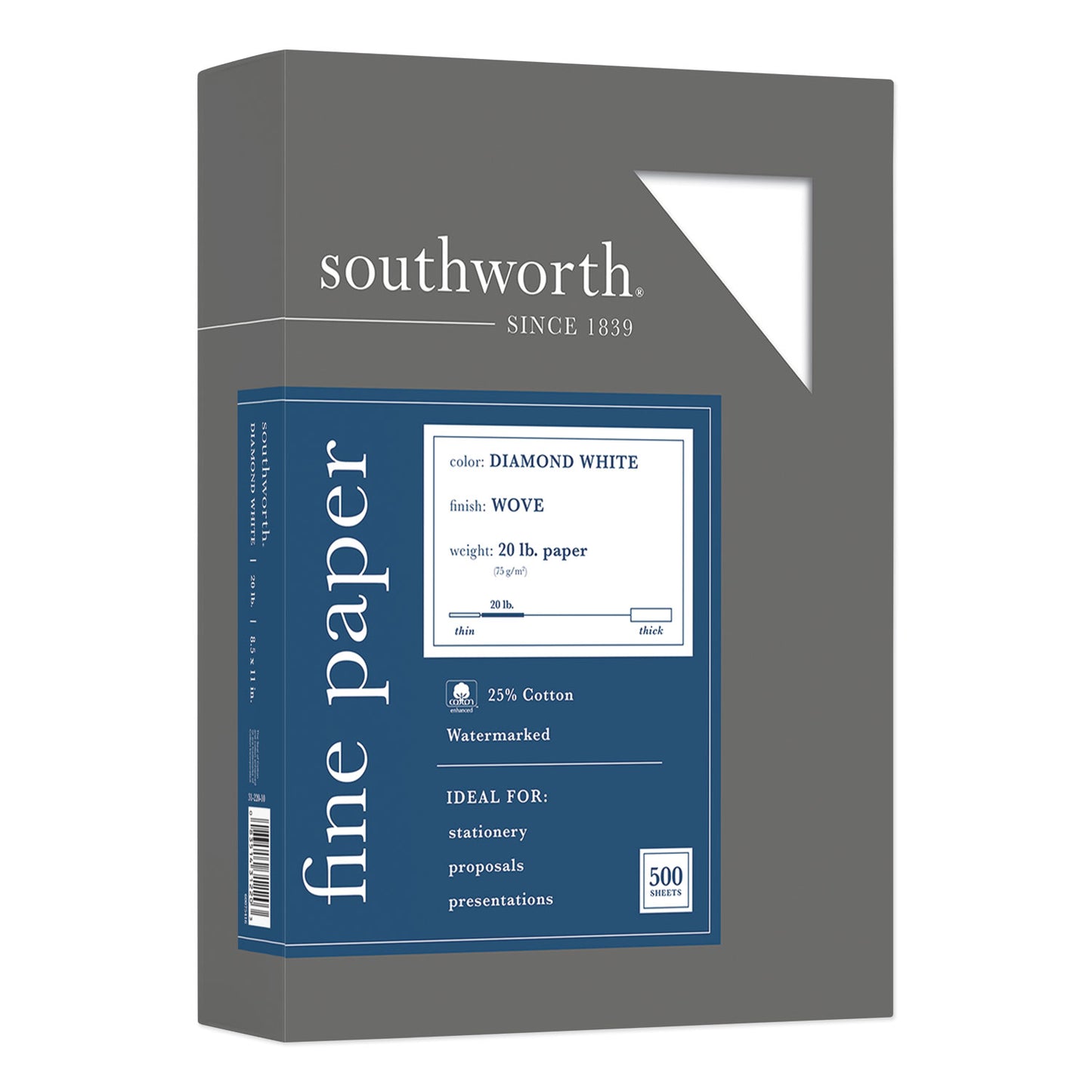 Southworth 25% Cotton Diamond White Business Paper, 95 Bright, 20 lb Bond Weight, 8.5 x 11, 500/Ream (3122010)