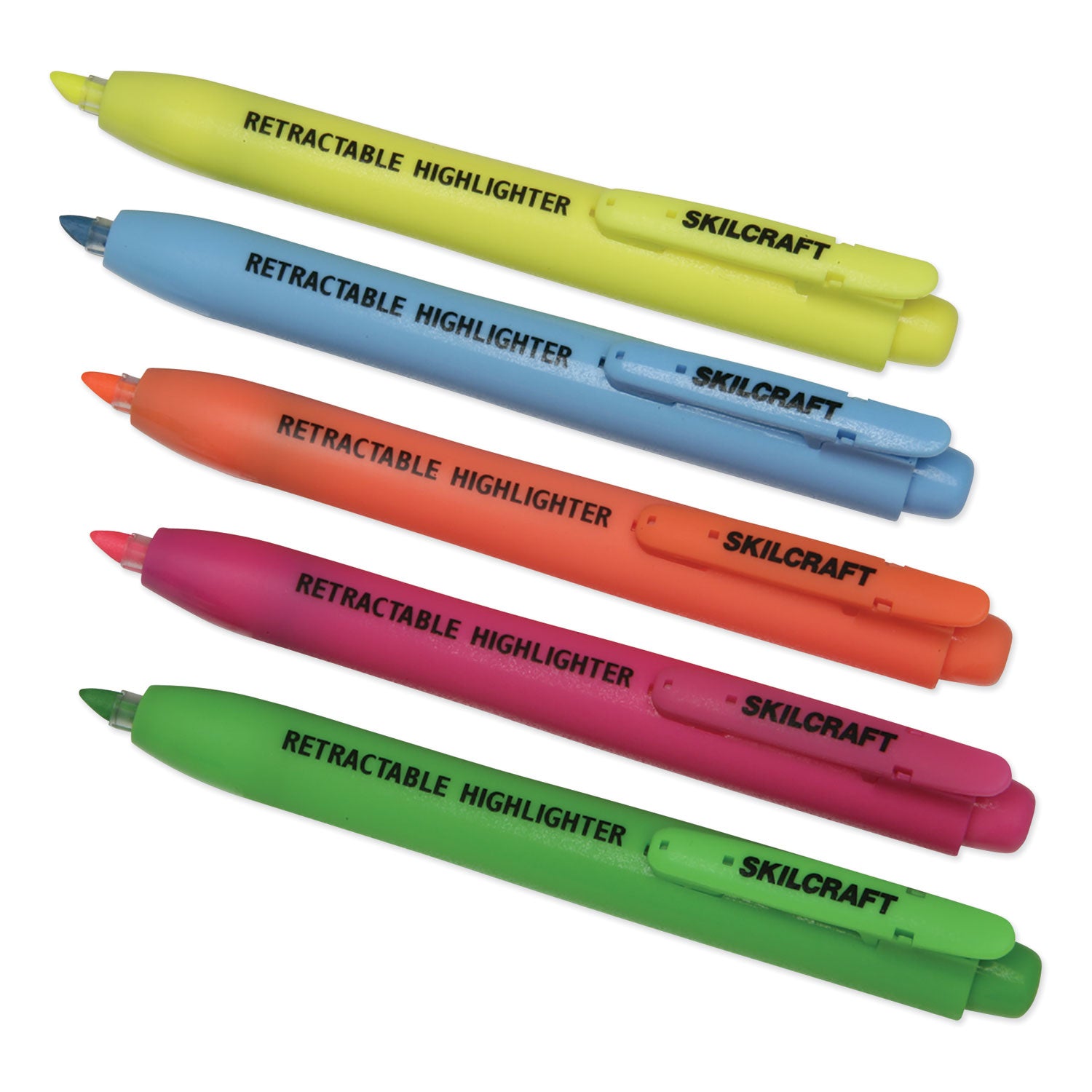 AbilityOne 7520015548211, SKILCRAFT Retractable Highlighter, Assorted Ink Colors, Chisel Tip, Assorted Barrel Colors, 5/Set